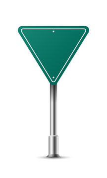 Realistic green triangle traffic sign on metal steel pole isolated. Green road panel mockup - direction highway, board traffic, city board location, street roadsign, stop, guide, signboard signage. Ve