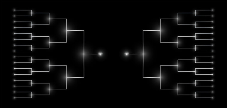 Tournament qualifying bracket concept for 32 teams isolated on black bg. Silver shiny games table. Road to victory. Championship leaderboard for prize. Vector illustration