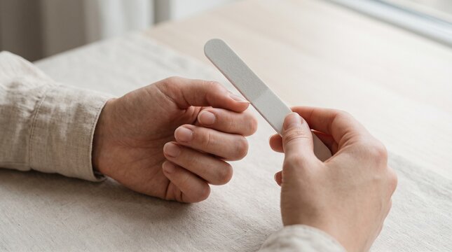 Person filing fingernails with a nail file at a table with natural light