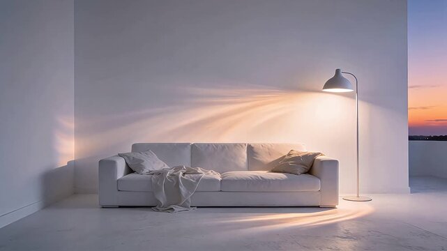 Minimalist white living room with gray sofa and sunset view through window