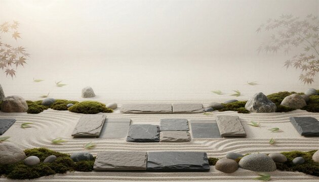 Serene Japanese Zen Garden with Raked Sand, Stepping Stones, Moss and Maple Leaves in Mist with Blank Copy Space Area