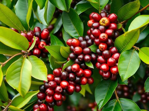 Freshly picked coffee cherries nestled among lush green leaves, harvest, nature