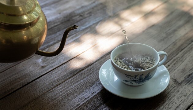 Traditional Javanese brass kettle pouring hot water into ceramic cup of kopi tubruk with steam and swirling grounds