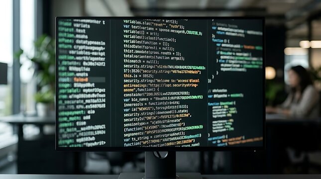 Computer screen displaying scrolling code in a modern office setting