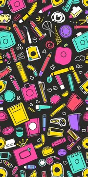 Hand-drawn seamless pattern with school-themed doodles, fun, design