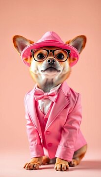 Pup in a pink suit with matching hat and glasses poses elegantly, ||canine fashion, refined