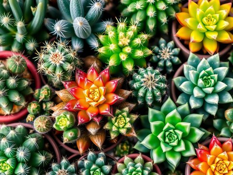 Prickly yet charming arrangement of cacti and succulents, texture, print