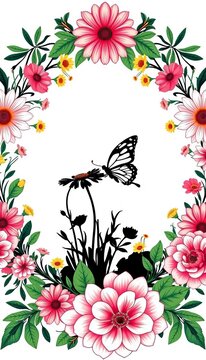 Silhouette of daisy and butterfly surrounded by floral wreaths, intricate design elements, design, wreath