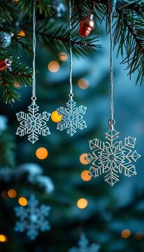 Snowflake ornaments hanging from tree branches, festive, ||snowflakes