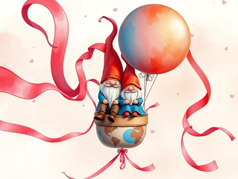 Watercolor gnome couple floating on a balloon amidst swirling ribbons, surrounded by soft pink and red hues, playfulness, affection