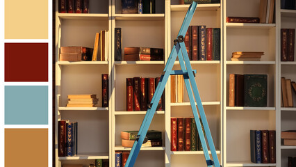 Knowledge and education concept, blue library ladder standing in front of white bookshelves filled with vintage books in a quiet study room © Pixel-Shot
