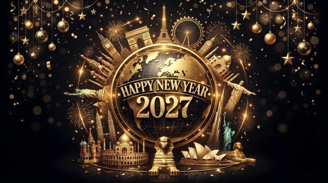 Golden new year celebration with eiffel tower and sparkling lights for 2027