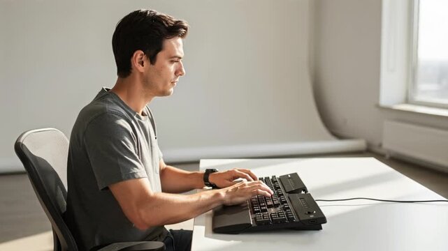Cybersecurity analyst typing on keyboard in bright modern office