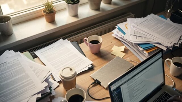 Focused cybersecurity analyst typing on laptop at a messy desk