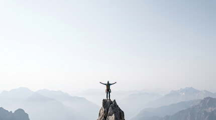 Fototapeta premium Mountain climber reaching peak with arms raised above misty alpine landscape, expressing triumph and freedom