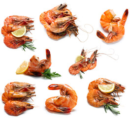 Fototapeta premium Seafood and gourmet cuisine, collection of cooked tiger prawns with lemon and herbs for healthy mediterranean diet and restaurant menu food photography