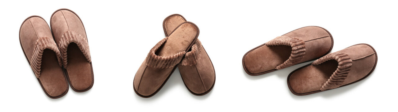 Comfort and home relaxation, brown house slippers for cozy living and leisure time, soft footwear for indoor comfort isolated on a white background