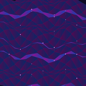 Abstract Geometric Purple Low Poly Background With Glowing Digital Wave Network