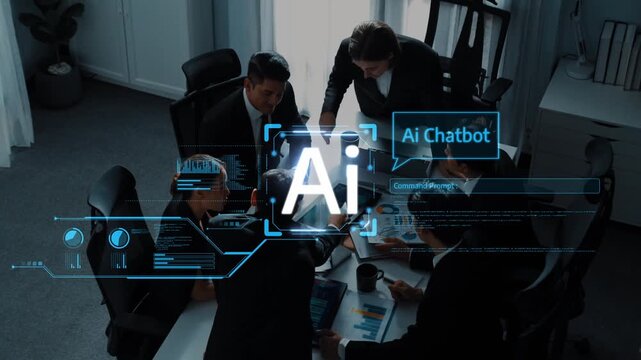 A business team engages in a collaborative strategy session focused on integrating AI technologies, highlighting AI chatbots and their potential for innovative solutions. Raster