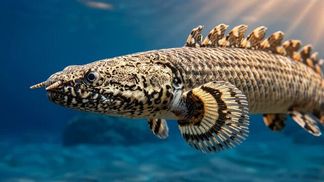 ornate bichir close up underwater in congo river basin at morning light video