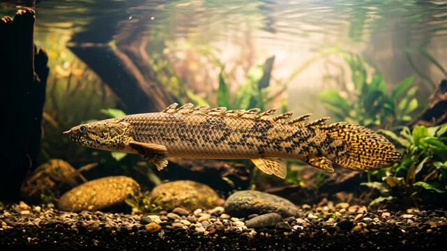 ornate bichir close up underwater in congo river basin at morning light video