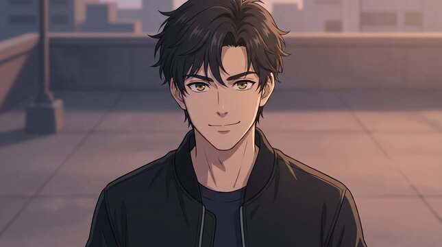 A young man with dark hair and a gentle smile is depicted in a stylized anime portrait.