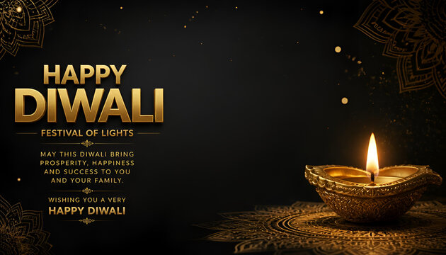 Happy diwali festival of lights greeting with glowing diya oil lamp on decorative background glowing candle hindu festiv