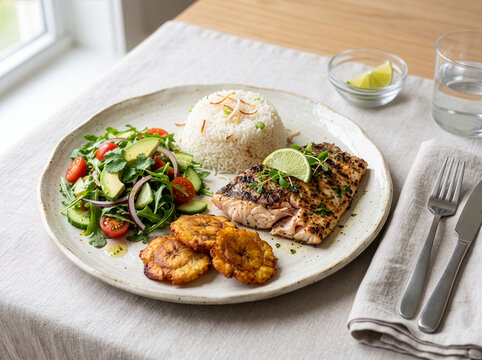 Healthy grilled meal with vegetables, rice and fresh ingredients on elegant plate, balanced nutrition and modern lifestyle food concept