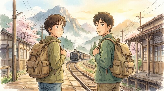 Two young travelers with backpacks stand near train tracks in a scenic mountain landscape.
