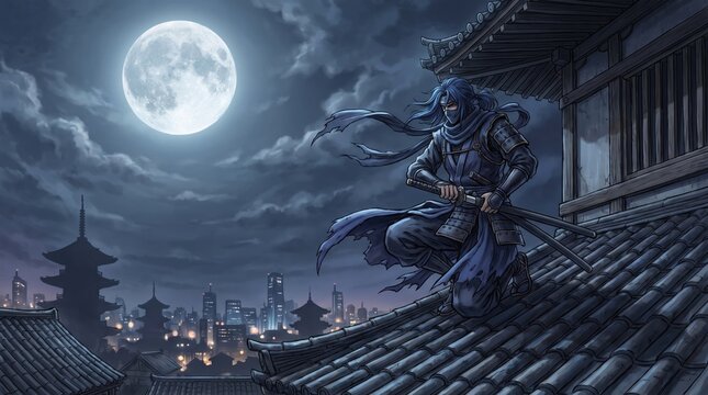 A mysterious ninja crouches on a traditional rooftop under a glowing full moon at night.