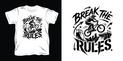 Obraz premium Break the rules bmx rider t-shirt graphic design with extreme sports action scene.