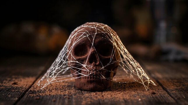 Spooky Dark Human Skull Covered in Thick Spider Cobwebs on Dusty Wooden Table Horror Background   