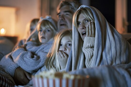 Family watching a scary movie on television together under cozy blankets at home in the evening