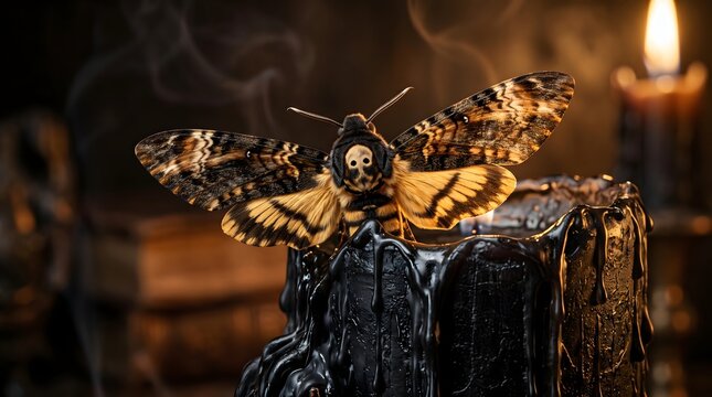 Spooky Death's-Head Hawkmoth Resting on Melting Black Wax with Smoke and Lit Candle in Dark Gothic Background   