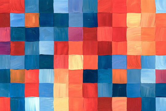 Colorful Geometric Square Pattern Painting With Thick Palette Knife Strokes On Canvas