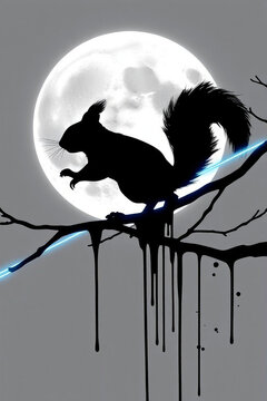 Squirrel Silhouette Leaping Between Branches High Contrast