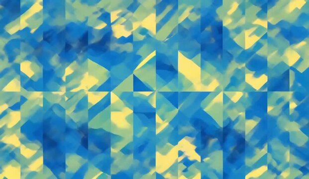 Vibrant abstract geometric motion background featuring a sophisticated repeating pattern of blue and yellow triangles arranged in precise interlocking formations