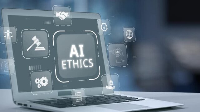 A modern laptop on a desk displays digital icons representing AI ethics. The blurred background enhances the focus on technology and its ethical implications in today world. Salient