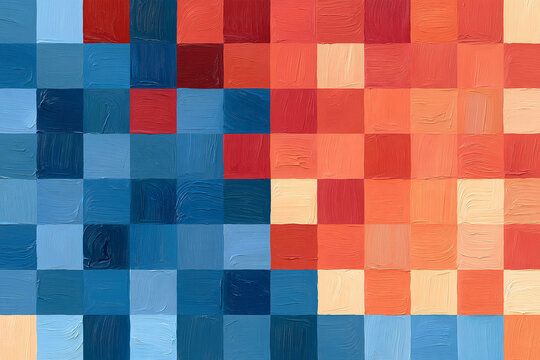 Colorful Geometric Square Pattern Painting With Thick Palette Knife Strokes On Canvas