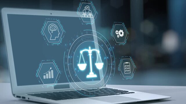 A sleek laptop shows digital symbols representing law and analytics. The image symbolizes the intersection of technology and legal fields in a modern workspace. Salient