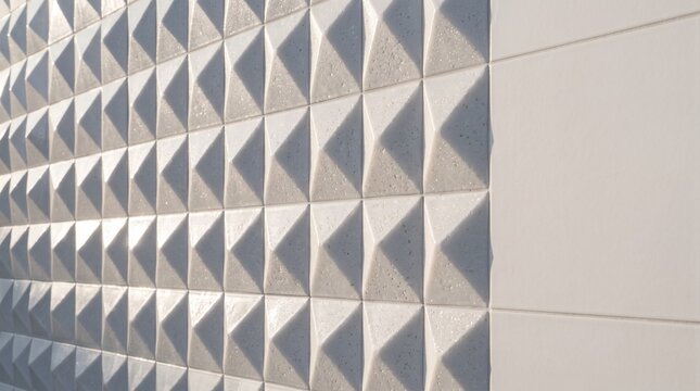 Close up of 3D parametric ceramic wall tiles casting geometric shadows in afternoon sun