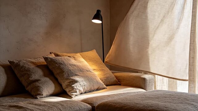 Cozy living room with grey sofa color pillows and floor lamp near window with sheer curtain