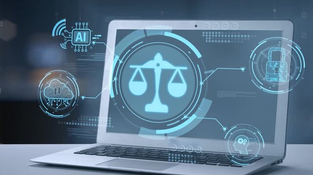 A laptop screen showcases an innovative digital scale icon representing justice, complemented by graphics of AI and security elements, illustrating modern technology in law. Salient