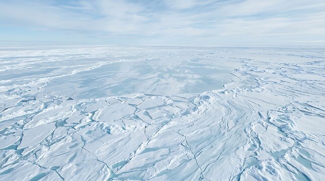 Arctic sea ice aerial view photo of frozen ocean landscape and crack fissures
