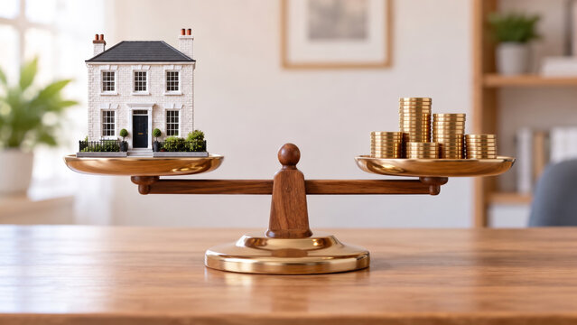 Miniature Model House Balancing Against Stacks Of Gold Coins On Brass Scale, Concept For Real Estate Finance And Property Valuation