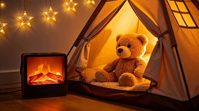 Cozy nursery tent with teddy bear and fireplace background