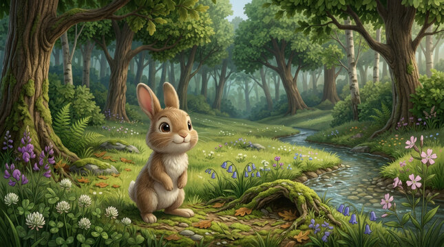 Cute brown rabbit standing in a lush green woodland meadow with a flowing stream and wildflowers