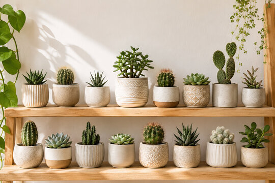 A collection of small cacti and succulents are arranged on two wooden shelves against a light beige wall, creating a serene and natural atmosphere.