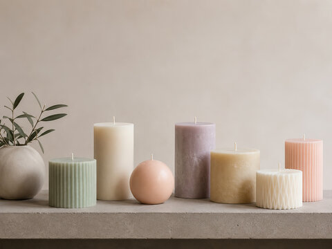 Seven candles of varying sizes and textures are arranged on a light grey concrete shelf, creating a calm and serene atmosphere.