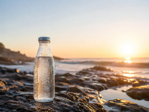A clear glass bottle filled with water rests on a dark, rocky outcrop beside the ocean at sunrise, reflecting the warm, golden light.